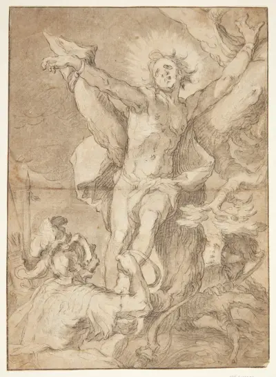 Saint Sebastian is tied to a tree by a Roman soldier av Abraham Bloemaert