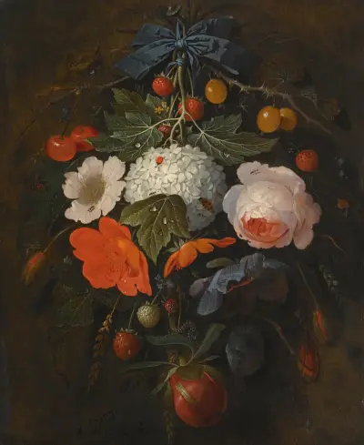 A Festoon Of Flowers And Fruit, Including A Pink Rose, A Poppy, A Snowball, Gooseberries And Fraises De Bois, Along With A Variety Of Insects von Abraham Mignon