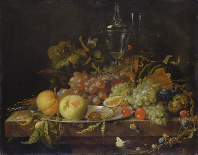 Still Life with Fruit, Tin Plate and Wine Glasses von Abraham Mignon