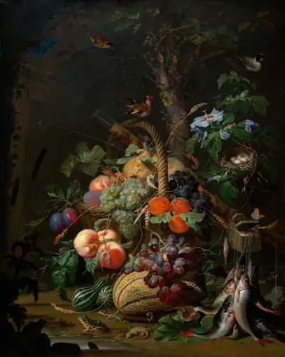 Stillleben mit Früchten,Fischen und Vogelnest von Abraham Mignon