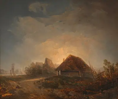 Westungarische Landschaft mit Hütten und aufgehendem Mond av Adalbert Stifter