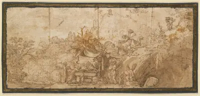 Christus nach den drei Versuchungen von Engeln bedient av Adam Elsheimer