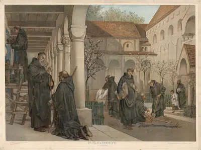 Im Klosterhofe. (X. Jahrhundert) av Adolf Lehmann