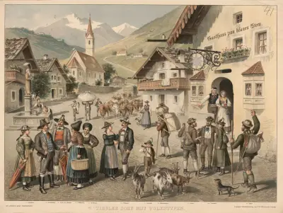 Tiroler Dorf mit Volkstypen av Adolf Lehmann