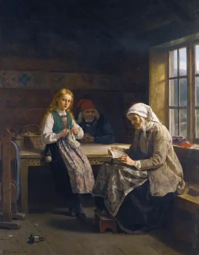 A Hardanger Interior, Young Girl Knitting av Adolph Tidemand