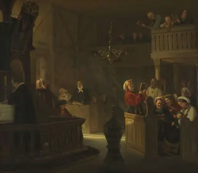 Service in a Norwegian Country Church av Adolph Tidemand