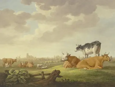 Auf einer Wiese Kühe und Schafe, in der Ferne eine Stadt, links eine Melkerin av Aelbert Cuyp