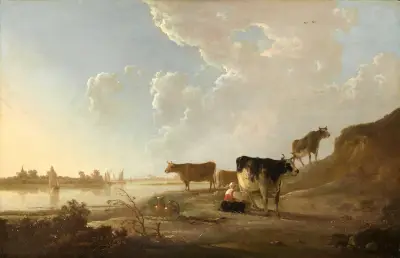 Flusslandschaft mit melkender Frau av Aelbert Cuyp