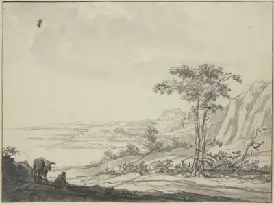 Horská krajina u moře, vlevo sedící muž u osla, Aelbert Cuyp