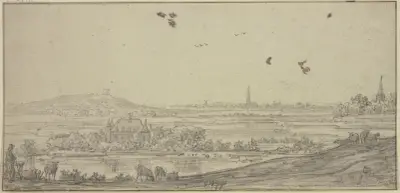 V dálce město, vlevo dům ve vodě, vpředu pasáček ovcí, Aelbert Cuyp