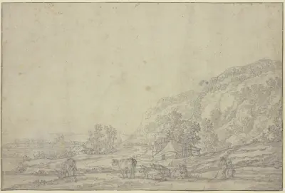Krajina se dvěma chatrčemi, vpravo vysoké hory, vpředu pět krav, Aelbert Cuyp