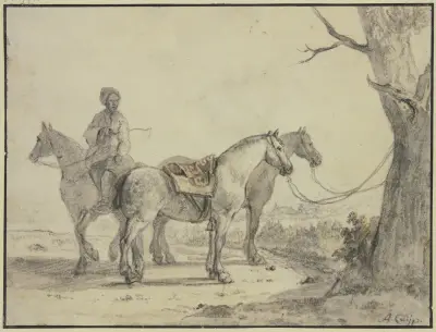 Dva osedlané koně přivázaní ke stromu, s jezdcem, Aelbert Cuyp