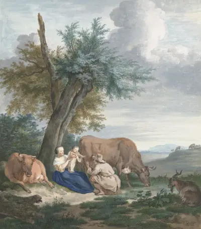 Boerin en boer met kind in een landschap met vee av Aert Schouman