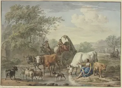Hirten fahren mit einem Wagen durchs Wasser, rechts eine Hirtin, die sich die Füße wäscht, bei einer weißen Kuh av Aert Schouman