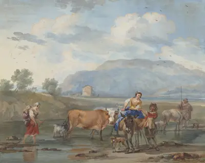 Hirten treiben Kühe durch ein Wasser, links trägt eine Frau ihr Kind auf dem Rücken, rechs reitet eine andere auf einem Esel av Aert Schouman