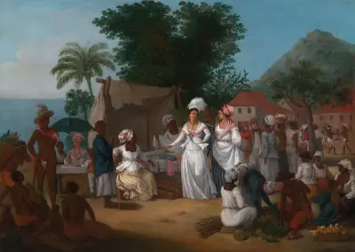A Linen Market With A Linen-Stall And Vegetable Seller In The West Indies av Agostino Brunias