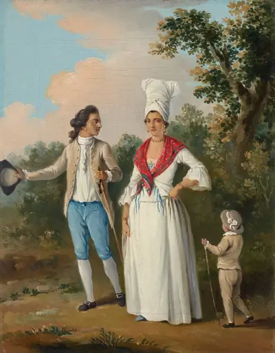 A young couple and child promenading, Dominica av Agostino Brunias