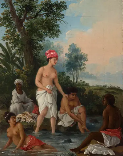 Free women of Dominica bathing in a stream av Agostino Brunias