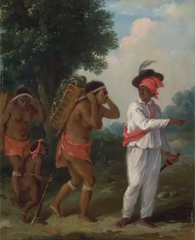 West Indian Man Of Color, Directing Two Carib Women With A Child av Agostino Brunias