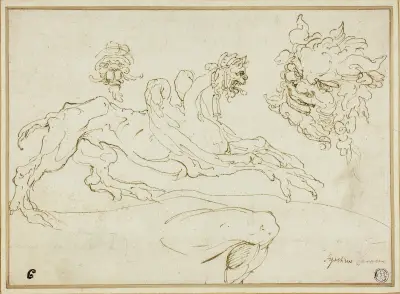 Four Sketches; Griffin, Grotesque Head, Head of Satyr, Bent Leg av Agostino Carracci