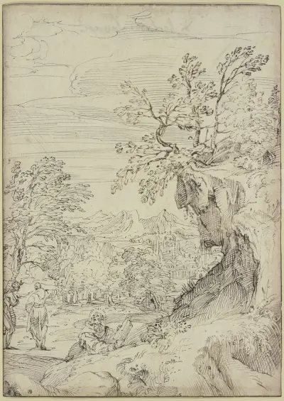 Landschaft mit einem Heiligen und zwei weiteren Figuren von Agostino Carracci
