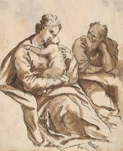 The Holy Family (recto); Study of a Leg (verso) av Agostino Carracci