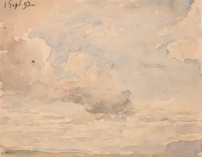 Blick auf das Nordostende des Neuenburger Sees von Ins aus av Albert Anker