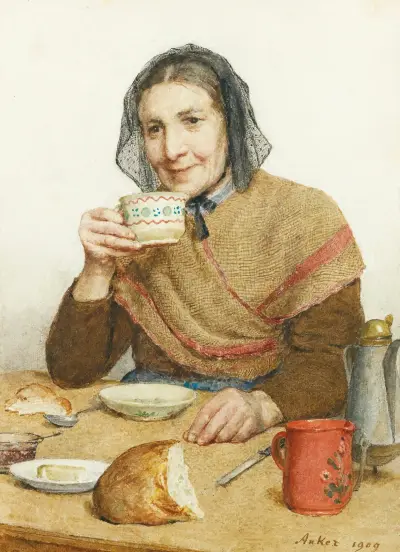 Sitting Peasant Woman Holding A Cup In Her Hand av Albert Anker