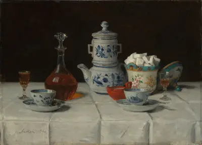 Still life with coffee setting and cognac bottle av Albert Anker