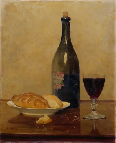 Stillleben; Alter Wein und Brot av Albert Anker