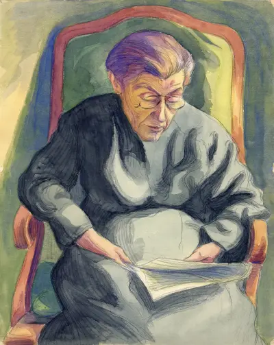 Oudere dame, lezend in haar stoel av Albert Daenens