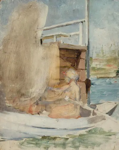 A Woman In A Boat At The Pier av Albert Edelfelt