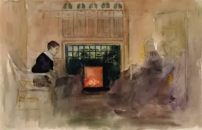 Interiööri taiteilijan huvilalta Kilosta, Erik istumassa uunin vieressä, Albert Edelfelt