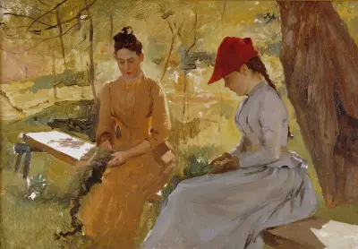 The Artist’s Sisters Annie and Berta Binding Garlands, Albert Edelfelt