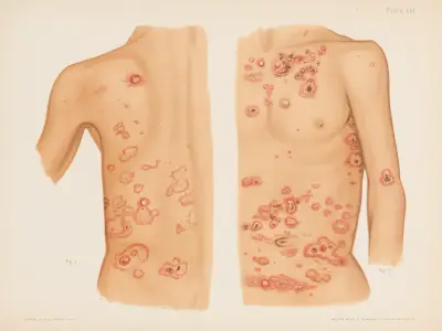I. Dermatitis herpetiformis, II. Dermatitis herpetiformis (widok z tyłu), Prince Albert Morrow