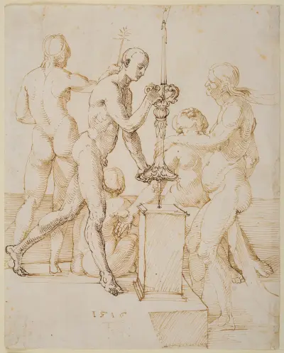 Fünf nackte Figuren um einen brennenden Leuchter av Albrecht Dürer