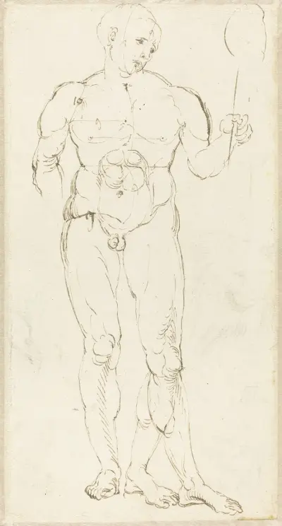 Male Nude Holding a Mirror (recto) av Albrecht Dürer