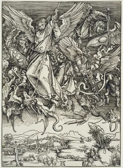 Michaels Kampf mit dem Drachen, aus der Folge der Apokalypse, Urausgabe Deutsch 1498 av Albrecht Dürer