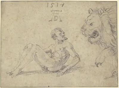 Sitzender nackter Mann mit einem Löwen av Albrecht Dürer