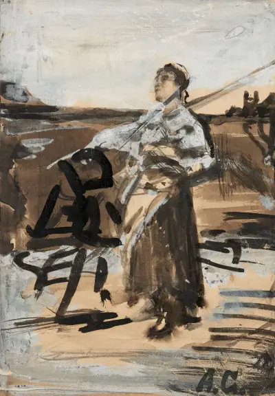 Mädchen mit Rechen, Skizze zum Gemälde ‚Der Angelus‘ von Aleksander Gierymski