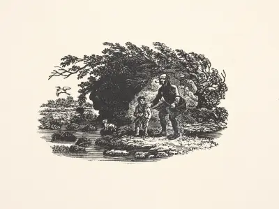 Man, child, and dog near water av Alexander Anderson