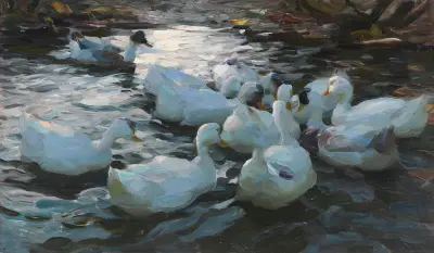Elf Enten im Wasser, Alexander Koester