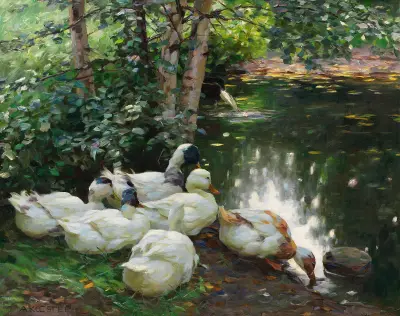 Sechs Enten am Teichufer, Alexander Koester