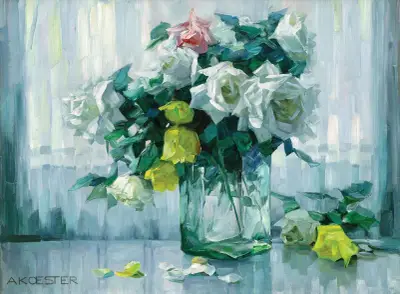 Still Life with White and Yellow Roses in a Glass Vase, Alexander Koester