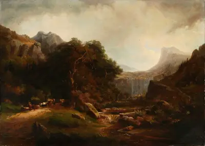 Mountainous landscape with waterfall, Alexandre Calame