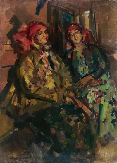 Two Girls In Peasant Costumes av Konstantin Alexeevich Korovin