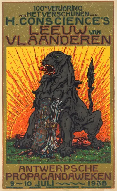 Affiche ter gelegenheid van het honderdjarig jubilieum van de publicatie van De Leeuw van Vlaanderen door Henri Conscience av Alfred Ost