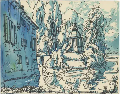 Italiaans huis en kerk en bomen av Alfred Ost