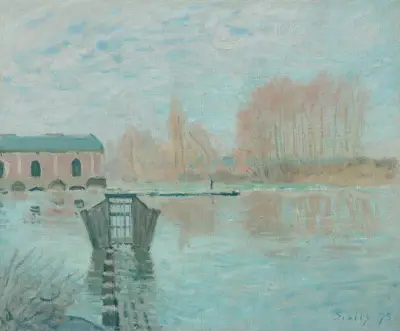 La Machine de Marly et le barrage, Bougival av Alfred Sisley