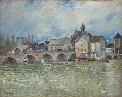 Le Pont de Moret-sur-Loing, temps de crue av Alfred Sisley